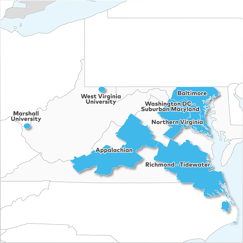 Appalachian, Baltimore, Marshall University, Northern Virginia, Richmond - Tidewater, Washington DC - Suburban Maryland,  and West Virginia University 