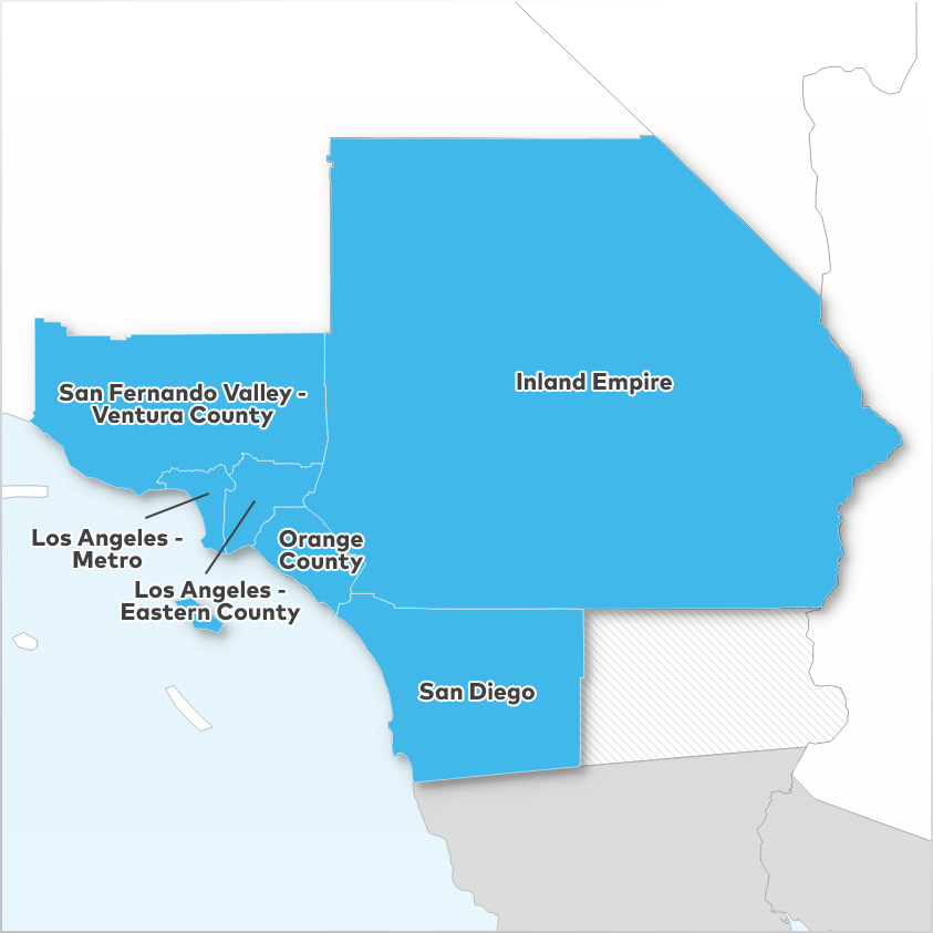 Inland Empire, Los Angeles - Eastern County, Los Angeles - Metro, Orange County, San Diego,  and San Fernando Valley - Ventura County 