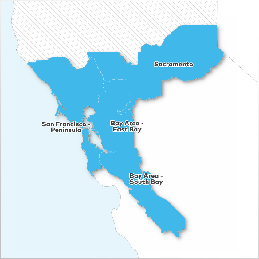 Bay Area - East Bay, Bay Area - South Bay, Sacramento,  and San Francisco - Peninsula 