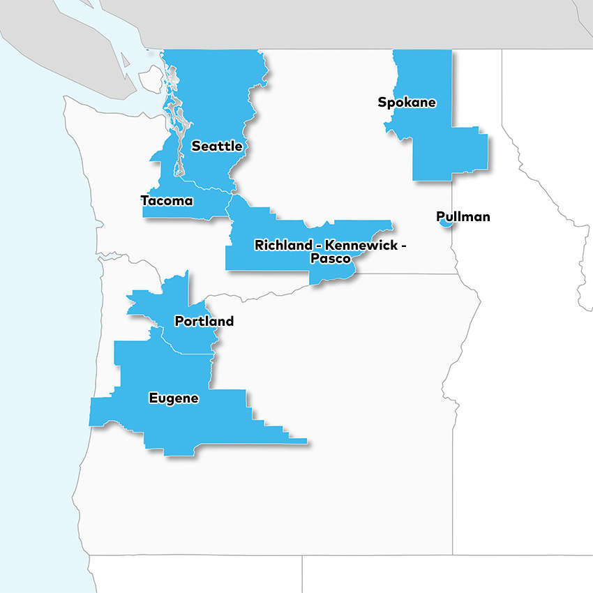 Eugene, Portland, Richland - Kennewick - Pasco, Seattle, Spokane, Tacoma,  and Washington State 