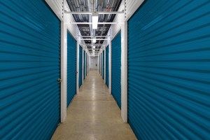 Inside climate controlled storage units teal colored doors