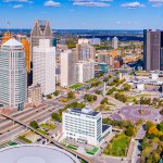 Aerial of Detroit city downtown with Renaissance Michigan, US