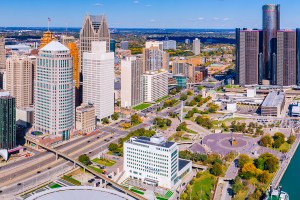 Aerial of Detroit city downtown with Renaissance Michigan, US