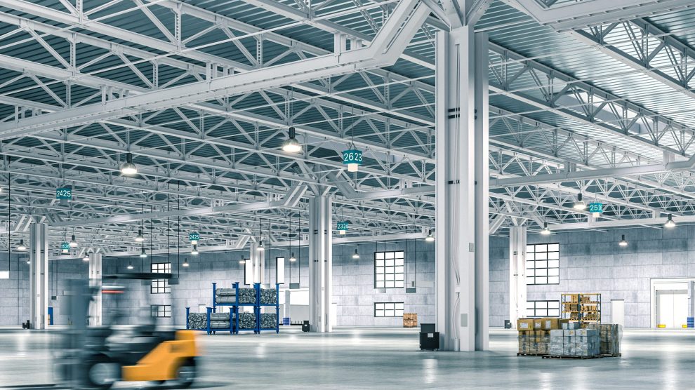 Wide-angle view of a spacious, well-lit warehouse with forklift in motion blur. 3d render