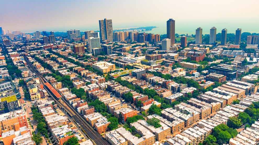 Aerial view of Loop, South Loop and Grant Park neighborhoods of the city of Chicago, Illinois shot via helicopter from an altitude of about 1000 feet.