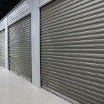 Storage facilities with gray doors. Moving, storage concept.