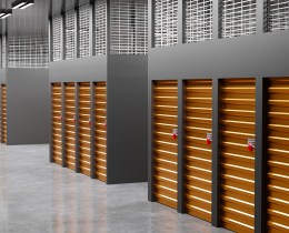 Rental storage room. Warehouse business. Wall with closed Storage Units. Warehouse company interior. Locks on doors in self storage. Warehouse for safekeeping. Realistic style. 3d rendering.