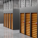 Rental storage room. Warehouse business. Wall with closed Storage Units. Warehouse company interior. Locks on doors in self storage. Warehouse for safekeeping. Realistic style. 3d rendering.