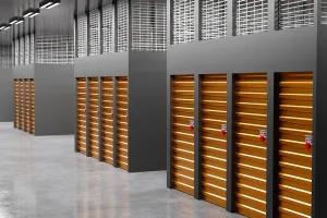 Rental storage room. Warehouse business. Wall with closed Storage Units. Warehouse company interior. Locks on doors in self storage. Warehouse for safekeeping. Realistic style. 3d rendering.