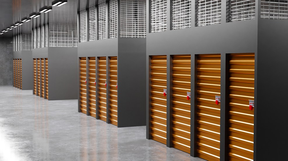 Rental storage room. Warehouse business. Wall with closed Storage Units. Warehouse company interior. Locks on doors in self storage. Warehouse for safekeeping. Realistic style. 3d rendering.