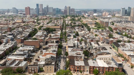Afternoon aerial view of historic row homes in the Riverside neighborhood of Baltimore, Maryland, USA.