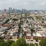 Afternoon aerial view of historic row homes in the Riverside neighborhood of Baltimore, Maryland, USA.