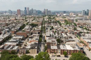 Afternoon aerial view of historic row homes in the Riverside neighborhood of Baltimore, Maryland, USA.