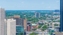 Aerial shot of Skyscrapers and office buildings in the skyline in Detroit Michigan USA