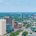 Aerial shot of Skyscrapers and office buildings in the skyline in Detroit Michigan USA