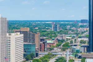 Aerial shot of Skyscrapers and office buildings in the skyline in Detroit Michigan USA
