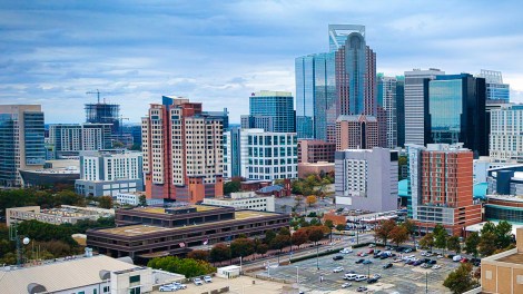 Stunning aerial shot of the vibrant urban skyline of Charlotte showcasing its modern architecture magnificently
