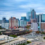 Stunning aerial shot of the vibrant urban skyline of Charlotte showcasing its modern architecture magnificently