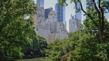 New York City, USA – June 16, 2026: Central Park Pond framed by green trees and Midtown Manhattan skyscrapers.