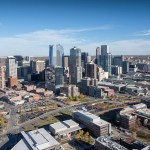 Aerial view of the skyline of Denver, Colorado, USA.