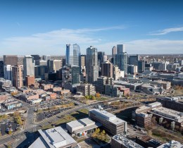 Aerial view of the skyline of Denver, Colorado, USA.