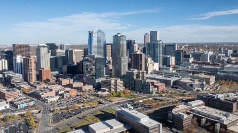Aerial view of the skyline of Denver, Colorado, USA.