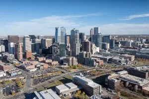 Aerial view of the skyline of Denver, Colorado, USA.