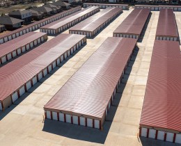 Aerial shot of rows of self storage units.