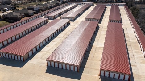 Aerial shot of rows of self storage units.