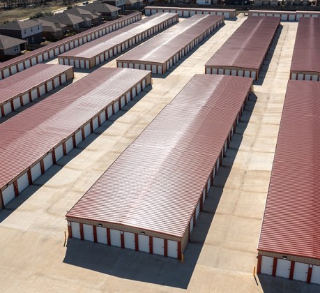 Aerial shot of rows of self storage units.