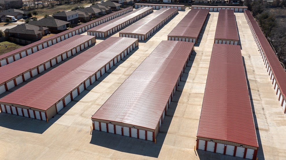 Aerial shot of rows of self storage units.