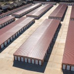 Aerial shot of rows of self storage units.