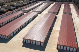 Aerial shot of rows of self storage units.